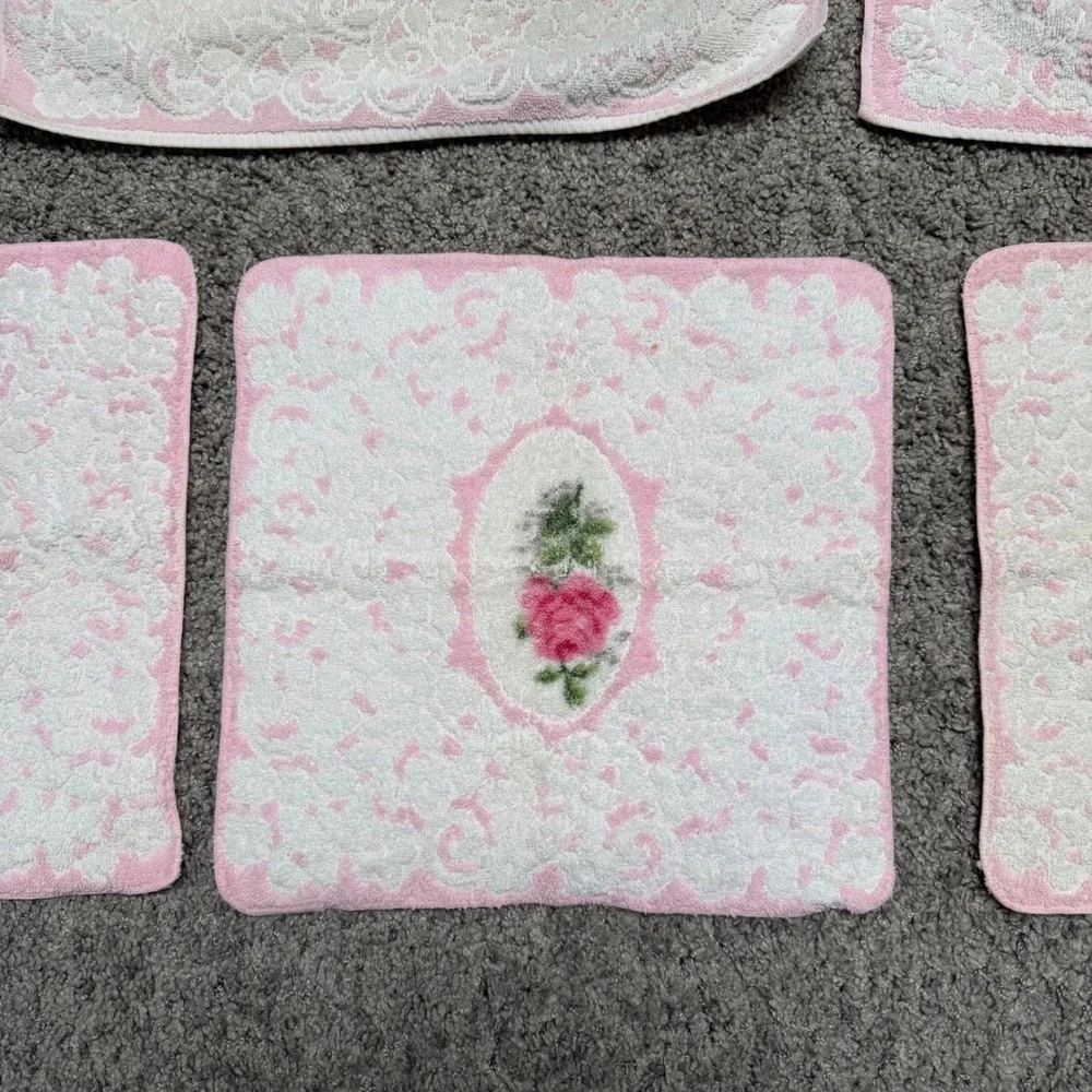 70s Vintage Cannon Royal Family 6pc Towel Set Pink Rose Floral Cotton White‎